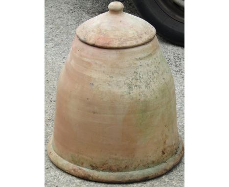 A weathered terracotta Kale forcing pot and cover 54 cm high together with a late Victorian hand light (af) (for re-glazing/c