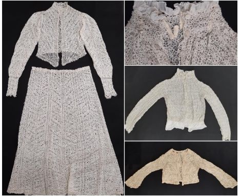 Early 20th century crochet lace ladies garments including a 2 piece outfit (skirt length 1m, no waist fastening), a high coll