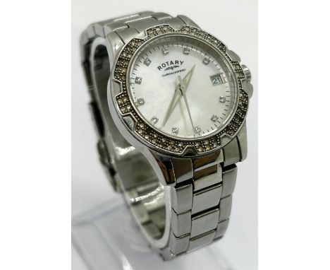 A Rotary Chronospeed wristwatch with mother of pearl dial in a stainless steel case, with box 