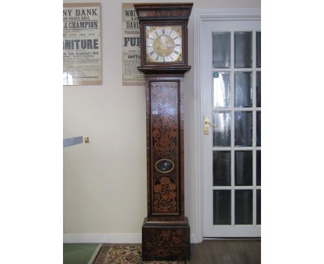 An 18th century walnut and floral marquetry longcase clock, the door of full length with oval lenticle, the hood with further