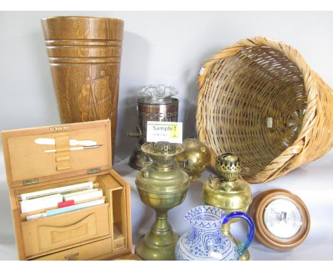 A large Miscellaneous collection of items including a modern Mahjong game, a large wicker basket, two brass lion lamps, a woo