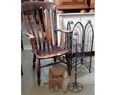 A Victorian Windsor lathe back elbow chair with scrolled arms in elm and beech together with 2 decorative metal framed night 
