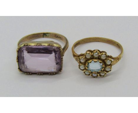 Two antique style 9ct gem set rings; an amethyst example, size K and a blue gem and seed pearl cluster, size L/M, 5.1g total 