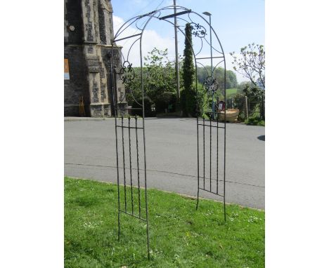 A weathered galvanised steel rose arch/arbour with arrow head and twisted bar detail, 126 cm wide x 255 cm high approximately