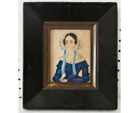 Primitive miniature portrait of a lady in blue dress holding a book, watercolour and pencil in card, approx. 9 x 6.5 cm, beve