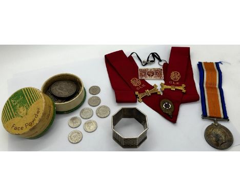 Victorian silver napkin ring, 14-18 war medal M.B. 448 G H Greenhall Act CMM-RNVR, small collection of old silver coinage inc