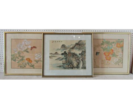 Five Chinese Paintings to Include: Two paintings of ships on the water, watercolour on paper, unsigned, 40 x 21 cm; mountaino
