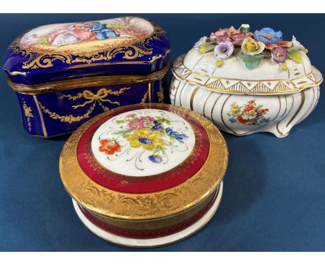 A 19th century Sevre porcelain trinket box and cover in a blue and gilt colourway the lid with 18th century style romantic sc