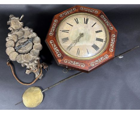 19th century postman's alarm wall clock with 30 hour movement together with a copy of a medieval clock with timber movement 