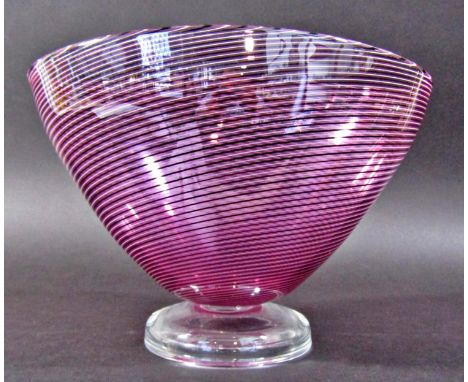 A Seguso elliptical glass bowl with a spiral line design, a hand stretched Murano glass vase, indistinctly signed to the base