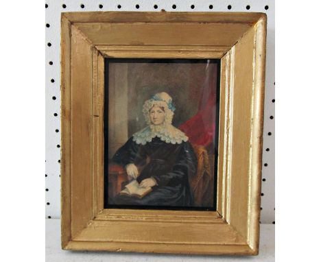 Miniature Portrait of a Lady Reading a Book, watercolour and pencil on paper, approx. 11 x 14 cm, gilt framed and glazed 
