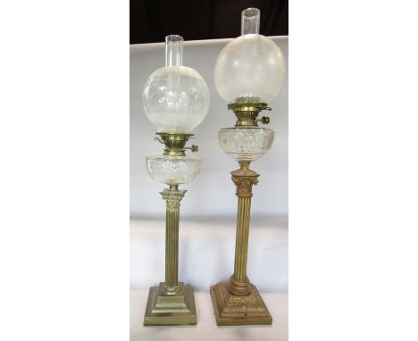 A Hinks No 2 Duplex brass Corinthian column oil lamp, with a clear cut glass font, 87cm tall, and another similar Thomas Mess