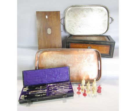 A Victorian ebony and walnut writing slope, a metal architect’s geometry instrument box complete with pairs of compass, divid