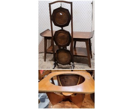 Mid century square occasional table, with open centre (lacks glass plate) raised on concave supports, together with a pair of