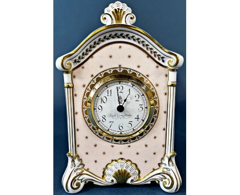 A Royal Crown Derby bone china mantle clock with hand painted panels to all sides with quartz movement, presentation box and 