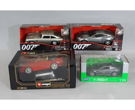 Four boxed model cars including Burago Porsche 911 1994, two 007 Secret Agent Aston Martin from Die Another Day  and Goldfing