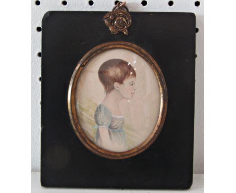 Primitive miniature portrait of a young girl in profile, watercolour and pencil on card, approx. 6 x 7.5 cm, framed 