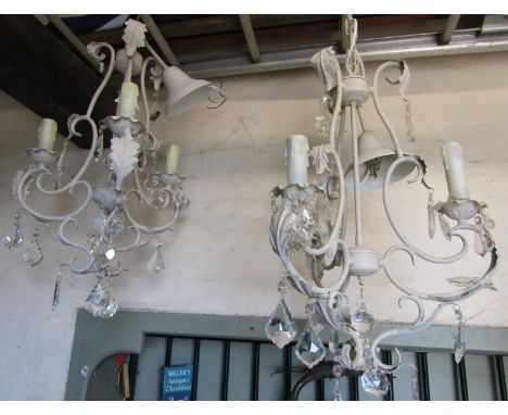 Four contemporary light metal three branch chandeliers with decorative painted crazed finish, open scroll and leaf detail and