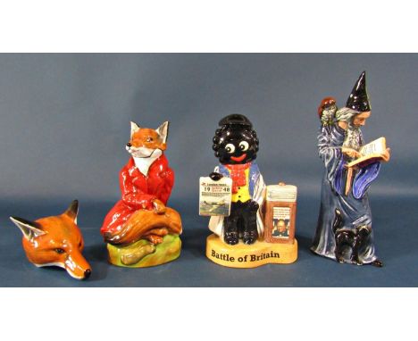 Four ceramics figures comprising Royal Stratford fox with red coat, limited edition (number rubbed), Royal Doulton - The Wiza