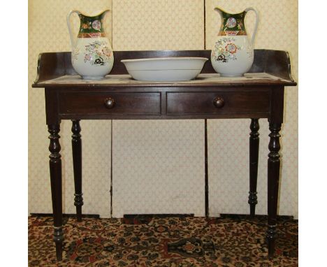19th century mahogany washstand with three quarter gallery and two dummy drawers, raised on turned supports, together with an