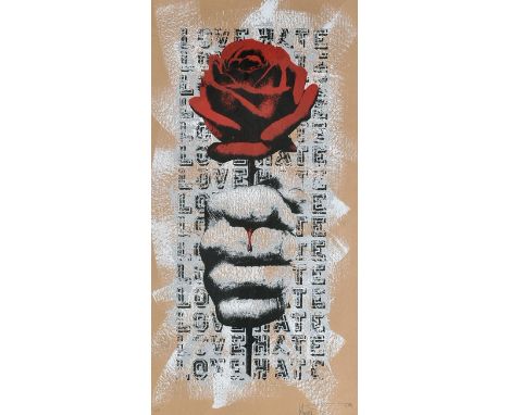 K-Guy (b.1968) - 'Love / Hate' (Silver Edition, 2008), Three-colour screenprint on hand-painted acrylic background on ribbed 