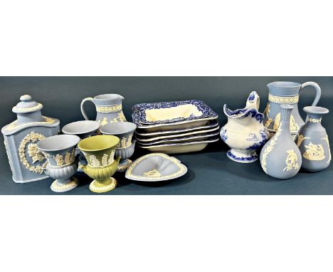A collection of Wedgwood Jasperwares principally in a pale blue colourway comprising tea caddy and cover, two graduated ewers