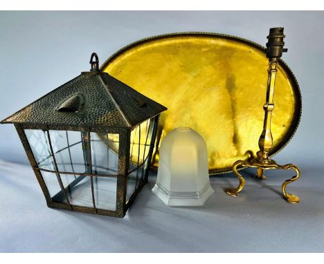 A Hugh Wallis arts and crafts brass oval tray with a rope twist edge, 54cm wide, a pullman brass tripod electric lamp with  g