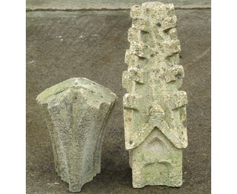 A weathered carved natural stone gothic pinnacle 61 cm high together with a further piece of carved architectural stone (2) 