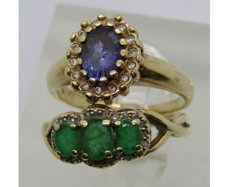 Two 9ct gem set rings; a tanzanite and diamond example, size J and a chrysoprase and diamond example, size K, 5g total 