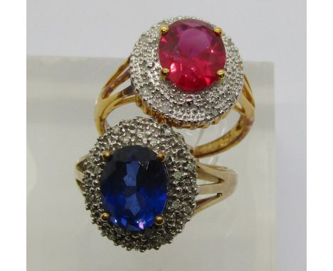 Two diamond cluster rings; a 9ct sapphire example, size M/N, 3.5g and a silver gilt ruby example, size M 