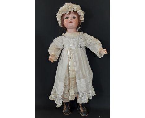 Large German bisque head doll by Armand Marseille circa 1900-1910, mould 390, with jointed composition body, brown sleeping e