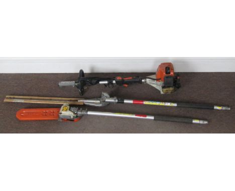 A Stihl KM85 combi engine/tool with pruner and hedge trimmer attachments, (3) 