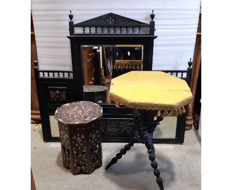A Victorian gypsy table on bobbin supports, an eastern occasional table with mother of pearl inlay and an Edwardian overmante