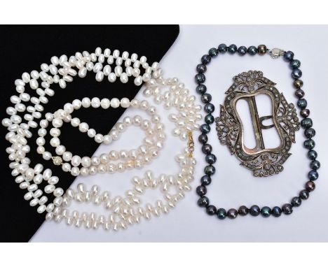 TWO CULTURED FRESHWATER PEARL NECKLACES, A TAHITIAN PEARL NECKLACE AND A WHITE METAL BUCKLE, the first necklace designed with