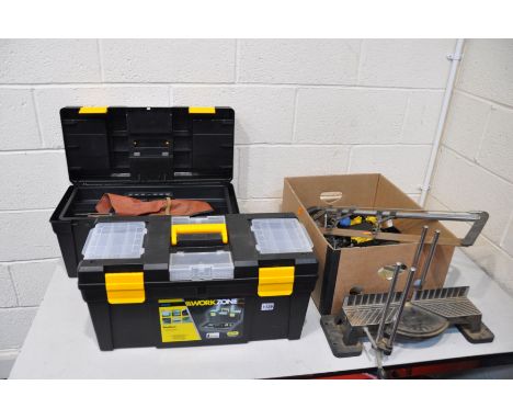 TWO WORKZONE  TOOLBOXES AND A TRAY CONTAINING TOOLS including a mitre saw, chisels, auger bits, spanners etc