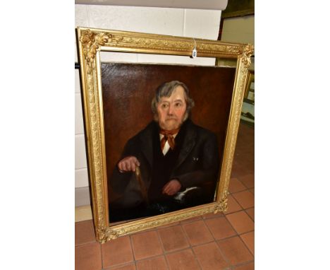 A SEATED PORTRAIT OF A VICTORIAN GENTLEMAN AND HIS DOG, unsigned oil on canvas with gilt frame, size approximately 91cm x 71c