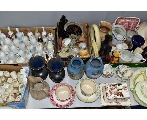 FOUR BOXES AND LOOSE CERAMICS ETC, to include crested wares, decorative bells, Masons 'Golden Azalea' butter dish and lid, Du