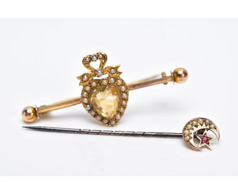 A 9CT GOLD STICK PIN AND A LATE VICTORIAN YELLOW METAL GEMSET BROOCH, the Edwardian stick pin in the form of a moon and star 