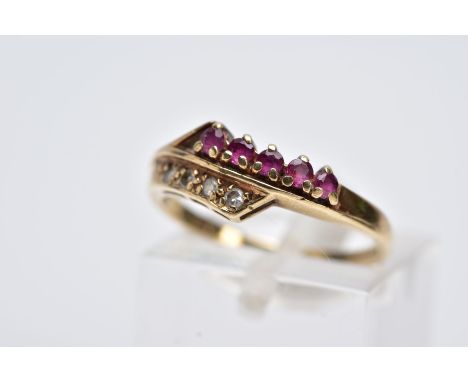 A 9CT GOLD RUBY AND DIAMOND RING,of a crossover design, set with a row of five circular cut rubies and a row of four single c