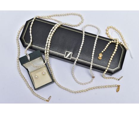 TWO CULTURED PEARL STRAND NECKLACES, A PAIR OF CULTURED PEARL EARRINGS AND TWO IMIATION PEARL NECKLACES, the first a cultured