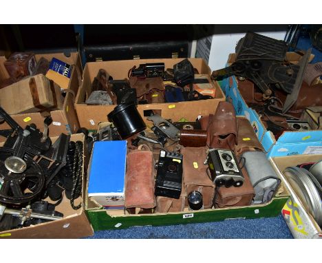 SIX TRAYS CONTAINING VINTAGE CAMERAS, AND PROJECTION EQUIPMENT,  including numerous Kodak folding and box cameras, a Bingosco