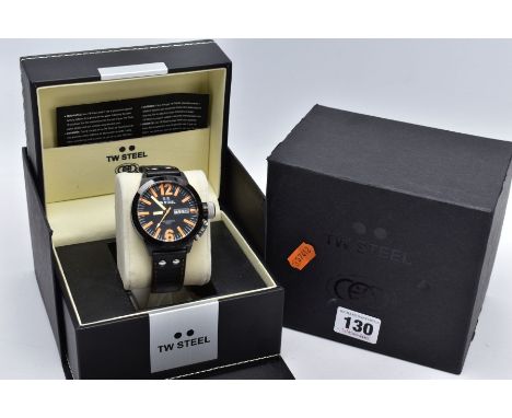 A GENTS 'TW STEEL' WRISTWATCH, black circular dial signed 'TW STEEL, CEO CANTEEN 10ATM', orange Arabic twelve and six with or