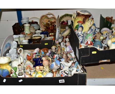 SIX BOXES OF CERAMICS, to include ornamental birds, CapodiMonte style sculptures, German style figures, assorted jugs, vases 