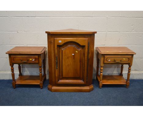 A MODERN CHERRYWOOD SINGLE DOOR CORNER UNIT (key), along with a pair of single drawer lamp tables (3)