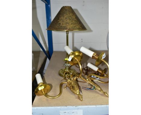 A PAIR OF ELECTRIC GIRONDELL STYLE WALL LIGHTS, gilt metal mounts with faux candle lamp holders, approximate height 24cm, tog