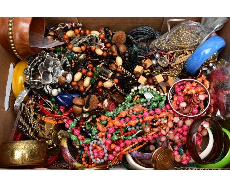 A BOX OF ASSORTED COSTUME JEWELLERY, to include a variety of wooden and plastic bangles, beaded necklaces, carved wooden bead