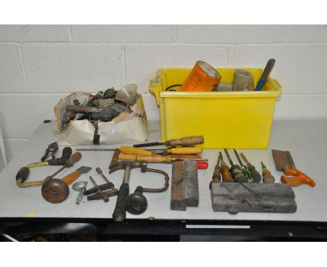 TWO TRAYS CONTAINING TOOLS AND HARDWARE including chisels and gouges, moulding and rebate planes, a Moore and Wright Micromet