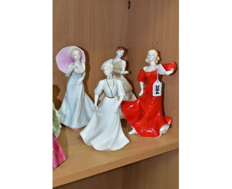 FOUR COALPORT LADY FIGURES, comprising 'Ladies of Fashion - Romany Dance', bears printed blue X to the base, three small chip