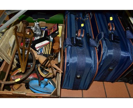 A PAIR OF EQUATOR BLUE FABRIC SMALL SUITCASES, brown trim, approximate size 17cm x 34cm x 51cm, together with a black leather