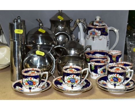 AN A. B. JONES GRAFTON COFFEE SET, comprising coffee pot, milk, sugar, five cups and saucers - two cups cracked, together wit